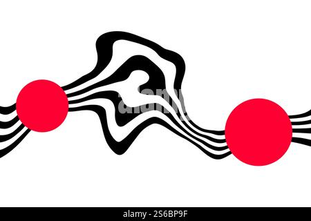 Lignes ondulées noires sur fond blanc avec des cercles rouges. Banque D'Images