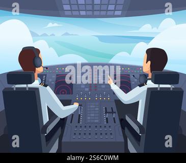 Cockpit d'avion. Pilotes assis devant l'avion de tableau de bord à l'intérieur d'illustrations vectorielles de dessin animé. Capitaine pilit vol, avion de tableau de bord dans le cockpit. Cockpit d'avion. Pilotes assis devant l'avion de tableau de bord à l'intérieur d'illustrations vectorielles de dessin animé Illustration de Vecteur