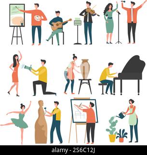 Profession créative. Personnages stylisés de peuples créatifs artistes sculpteurs dessine acteurs vecteurs images colorées. Illustration de sculpteur et artiste, profession musicien. Profession créative. Personnages stylisés de peuples créatifs artistes sculpteurs dessine acteurs vecteurs images colorées Illustration de Vecteur