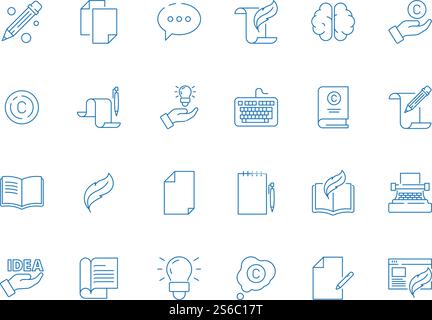 Symboles de rédaction. Écrivains outils livres stylo à main idées d'article Blogging simple vecteur mince ligne créative icône. Illustration d'écrivain et de rédacteur, idée et machine à écrire. Symboles de rédaction. Écrivains outils livres stylo à main idées d'article Blogging simple vecteur mince ligne créative icône Illustration de Vecteur