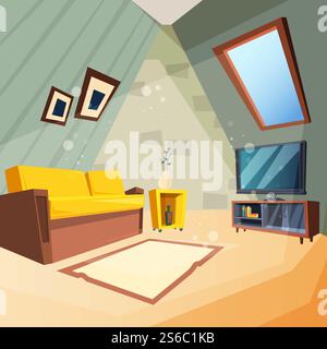 Grenier. Chambre à coucher pour enfants intérieur du coin de la pièce grenière avec fenêtre sur l'image vectorielle de plafond dans le style de dessin animé. Illustration de l'intérieur de l'armoire avec des meubles de canapé. Grenier. Chambre à coucher pour enfants intérieur du coin de la pièce grenière avec fenêtre sur l'image vectorielle de plafond dans le style de dessin animé Illustration de Vecteur