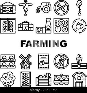 Vecteur d'ensemble d'icônes de collection d'agriculture écologique biologique. Tracteur électrique et moulin, serre et grange de ferme biologique, produits laitiers et oeufs concept pictogrammes linéaires. Illustrations de contour noir. Vecteur d'ensemble d'icônes de collection d'agriculture écologique biologique Illustration de Vecteur
