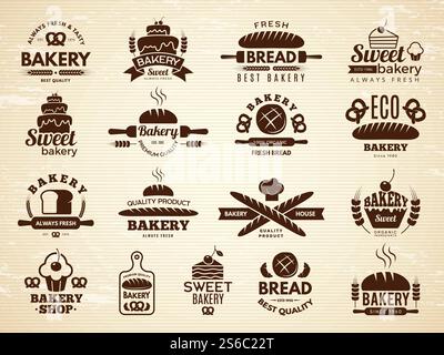 Étiquettes de boulangerie. Pâtisserie et cupcakes icônes de café cuisine aliments produits de boulangerie illustrations vectorielles. Emblème alimentaire de boulangerie, boutique d'emblème de pâtisserie de produit. Étiquettes de boulangerie. Pâtisserie et cupcakes icônes de café cuisine aliments produits de boulangerie illustrations vectorielles Illustration de Vecteur