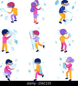 VR People. Futurs personnages masculins et féminins jouant dans les jeux de réalité virtuelle technologie immersive casque et casque vecteur isométrique. Illustration de la simulation de réalité, dispositif de casque vr. VR People. Futurs personnages masculins et féminins jouant dans les jeux de réalité virtuelle technologie immersive casque et casque vecteur isométrique Illustration de Vecteur