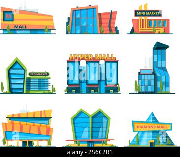 Hypermarché plat. Centre commercial de vente au détail et maisons de distribution à l'extérieur de la collection de vecteur de magasin. Illustration d'hypermarché et supermarché, boutique extérieure avant. Hypermarché plat. Centre commercial de vente au détail et maisons de distribution à l'extérieur de la collection de vecteur de magasin Illustration de Vecteur