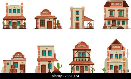 Bâtiments occidentaux. Wild West constructions architecturales saloon collection de vecteur. WESTERN bâtiment saloon et banque, hôtel et illustration de poste. Bâtiments occidentaux. Wild West constructions architecturales saloon collection de vecteur Illustration de Vecteur