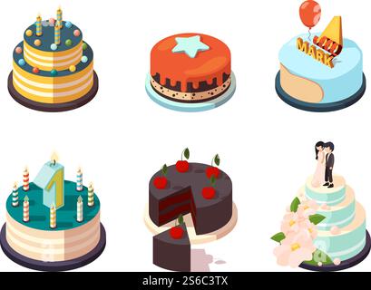 Gâteaux. Gâteaux à la crème alimentaire de boulangerie de fête savoureux avec fraise au chocolat glacé pour le vecteur de surprise isométrique d'anniversaire de fête de vacances. Illustration gâteau et boulangerie, crème alimentaire, dessert et sucré. Gâteaux. Gâteaux à la crème alimentaire de boulangerie de fête savoureux avec fraise au chocolat glacé pour le vecteur de surprise isométrique d'anniversaire de fête de vacances Illustration de Vecteur