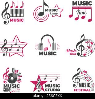 Logo des notes de musique. Badges avec des symboles de chanson et de son audio podcast radio logos collection vectorielle. Illustration studio de karaoké et emblème radio, badge. Logo des notes de musique. Badges avec des symboles de chanson et de son audio podcast radio logos collection vectorielle Illustration de Vecteur