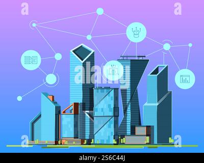 Ville intelligente. Gratte-ciel dans le paysage urbain environnement de haute technologie sans fil cityscape image de fond vectorielle. Illustration de la connexion Cityscape 5g. Ville intelligente. Gratte-ciel dans le paysage urbain environnement de haute technologie sans fil cityscape image de fond vectorielle Illustration de Vecteur