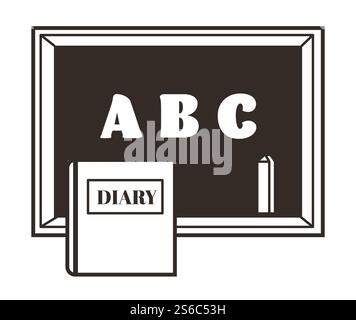 Tableau noir dans un cadre en bois, craie et journal intime, lettres abc objet isolé. Tableau noir et alphabet, crayon et bloc-notes, équipement de classe. Éducation et connaissances, classe primaire scolaire. Tableau noir ou tableau noir avec de la craie et journal objet isolé, lettres abc Illustration de Vecteur