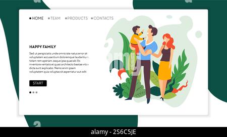 Famille heureuse, voyage et psychothérapie, vecteur de modèle de page Web de renvoi de services de santé. Divertissement pour mère, père et enfants. Les parents avec leur fils ont du plaisir ensemble maquette de site Internet. Voyages et services de santé, page web de destination famille heureuse Illustration de Vecteur