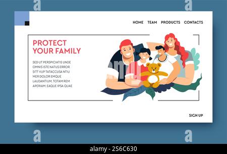 Assurance propriété et santé, protégez votre vecteur de modèle de page Web de destination de votre famille. Services hospitaliers et protection de la vie, soins de santé et santé. Assurer la sécurité, le traitement et le paiement. Assurance santé et biens, protégez votre page web de destination familiale Illustration de Vecteur