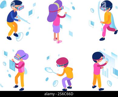 Des gens futuristes. Personnes d'augmentation de réalité virtuelle hommes femmes futurs gestionnaires de nouvelles technologies de travailleurs vecteur caractères isométriques. Travailleur de caractère dans le simulateur d'innovation illustration cyberspace. Des gens futuristes. Personnes d'augmentation de réalité virtuelle hommes femmes futurs gestionnaires de nouvelles technologies de travailleurs vecteur caractères isométriques Illustration de Vecteur