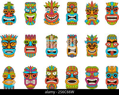 Masques Tiki. Tribal hawaii totem africain symboles traditionnels en bois illustrations de masque coloré vectoriel. Totem Tiki, masque hawaii exotique, visage africain sculpture en bois. Masques Tiki. Tribal hawaii totem africain symboles traditionnels en bois illustrations de masque coloré vectoriel Illustration de Vecteur