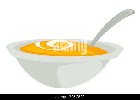 Soupe ou purée de citrouille ou de courge dans un bol avec cuillère vecteur de plat isolé nourriture naturelle nutrition saine repas végétarien cuisine ingrédient de cuisine, et collation biologique de légumes en purée culinaire. Soupe de citrouille ou purée dans un bol avec cuillère plat isolé Illustration de Vecteur