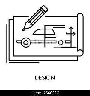 Dessin de génie mécanique, icône de contour isolé de conception technique. Projet industriel, structure de voiture, technologie et développement de machines. Esquisse de véhicule, élément filaire, prototype ou schéma de modèle. Conception technique de voiture, icône isolée de dessin de génie mécanique Illustration de Vecteur