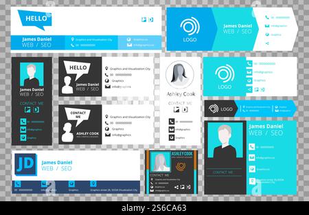 Modèles de signature d'e-mail isolés sur fond transparent. Cartes de visite d'entreprise de bureau vectoriel pour la collecte de l'interface utilisateur de webmail. Illustration du lien du profil d'informations, carte utilisateur d'informations. Modèles de signature d'e-mail isolés sur fond transparent. Cartes de visite d'entreprise de bureau vectoriel pour la collecte de l'interface utilisateur de webmail Illustration de Vecteur