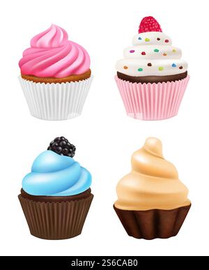 Cupcakes réalistes. Bonbons desserts muffins gâteau avec des images vectorielles de chocolat et de crème de cupcakes. Gâteau et dessert, cupcake aux fruits, confiserie vanille illustration. Cupcakes réalistes. Bonbons desserts muffins gâteau avec des images vectorielles de chocolat et de crème de cupcakes Illustration de Vecteur
