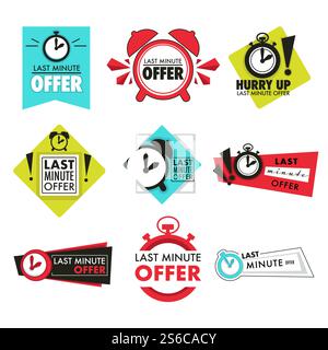 Bouton ou signe d'offre de dernière minute, vecteur d'icône isolé de compte à rebours de réveil. Temps, e-commerce et shopping, sonneries d'alarme emblèmes ou logo. Marketing, seule chance, vente au détail et boutique, boutique en ligne. Réveil icônes isolées, boutons d'offre de dernière minute Illustration de Vecteur