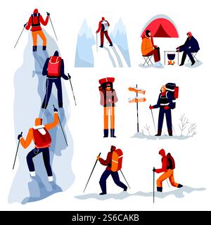 Alpinistes avec des sacs à dos marchant en saison d'hiver, vecteur de personnages isolés. Sport d'escalade et d'alpinisme, trekking avec des bâtons. Feu de camp sur la neige et camping, pointeur de direction. Trekking ou randonnée en hiver, alpinistes et chutes de neige, camping Illustration de Vecteur