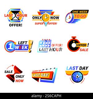 Compte à rebours et dernière minute ou offre de jour et de semaine, vecteur d'icône isolé de vente de temps de comptage. Autocollants promotionnels d'une journée et de 24 heures sur 24. Promotions spéciales Business Limited, badges Best Deal, emblèmes ou logo. Dernier jour ou semaine offrir des icônes isolées, compte à rebours des ventes Illustration de Vecteur