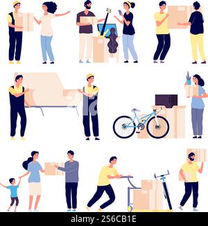 Les gens déménagent une nouvelle maison. la famille déménage à la maison avec des chargeurs, ramasse les fournitures dans des boîtes. Jeu de caractères vectoriels isolés. Illustration des livreurs, de la relocalisation et de la boîte de déménagement. Les gens déménagent une nouvelle maison. la famille déménage à la maison avec des chargeurs, ramasse les fournitures dans des boîtes. Jeu de caractères vectoriels isolés Illustration de Vecteur