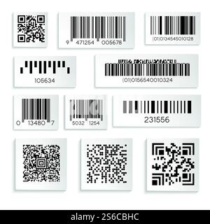 Autocollant de produits avec chiffre ou numéro de série ou code à barres vecteur d'icônes isolé. Code de balayage de supermarché, barres et qr codage, élément d'étiquette de prix. Étiquettes noires et masquage d'informations ou de données industrielles. Autocollant de codes-barres ou de produits avec des icônes isolées de chiffre ou de numéro de série Illustration de Vecteur