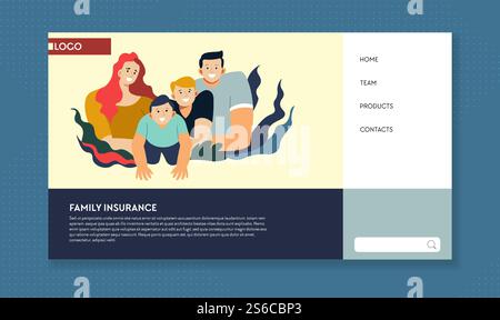Assurance familiale, services hospitaliers et protection de la vie, vecteur de page Web de destination de style de vie sain. Soins de santé, aide médicale, sécurité. Traitement et paiement financier, mesure d'urgence. Services hospitaliers, assurance familiale et protection de la vie, mode de vie sain Illustration de Vecteur