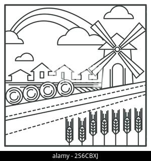 Construction de moulin, champ de prairie ou de blé, zone rustique et environnement rural vectoriel de dessin. Campagne avec des balles de foin séchées, arc-en-ciel dans le ciel. Moulin à vent et cultures ou récolte, terres agricoles. Champ de blé et moulin, balles de foin et maisons de village Illustration de Vecteur