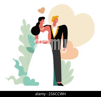 Mariée et mariée, jour de mariage et cérémonie de mariage, vecteur de cœur. Femme en robe et homme en smoking, création familiale et amour, fête et célébration. Mari et femme, jeunes mariés et lune de miel. Jour de mariage, mariée et mariée, cérémonie de mariage, famille Illustration de Vecteur