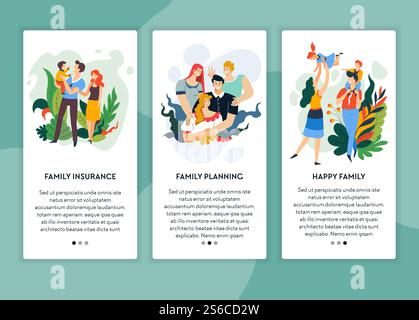 Modèle de page Web d'atterrissage de planification familiale, vecteur de maquette de site en ligne. Parents avec bébé et enfants, parentalité et enfance. Assurance-vie médicale, mère et père, fils et fille, soins de santé. Modèles de pages Web assurance et planification familiale, site en ligne Illustration de Vecteur