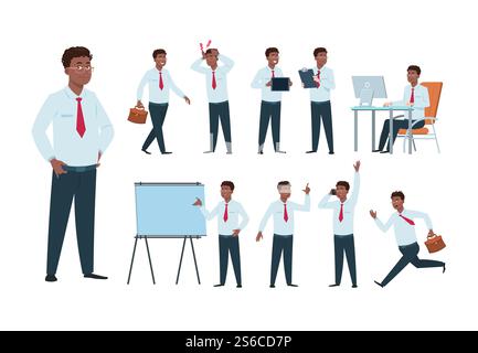 Personnage d'homme d'affaires. Homme de travailleur professionnel de bureau afro-américain, personne de succès dans l'activité commerciale. Ensemble de vecteurs employés de dessin animé. Illustration de professionnel de caractère d'affaires, personne de patron. Personnage d'homme d'affaires. Homme de travailleur professionnel de bureau afro-américain, personne de succès dans l'activité commerciale. Ensemble de vecteurs employés de dessin animé Illustration de Vecteur