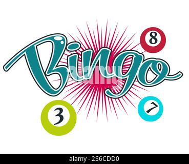 Gambling casino club isolated icon with lettering, bingo game balls with numbers vector. Money stakes and guessing combination, luck and fortune. Gamblers club emblem or logo, lottery and easy earning. Bingo gambling game, casino club isolated icon Illustration de Vecteur