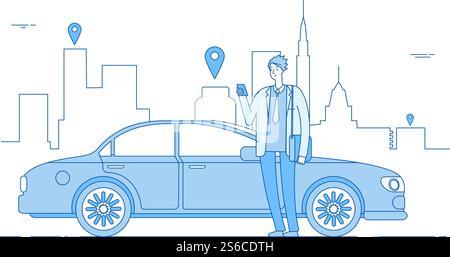 Concept de partage de voiture. Application de location de voiture homme d'affaires avec smartphone à la voiture sur la rue de la ville. Concept de vecteur de ligne de service de stationnement. Illustration de l'application de location de voiture, service d'autopartage en ligne. Concept de partage de voiture. Application de location de voiture homme d'affaires avec smartphone à la voiture sur la rue de la ville. Concept de vecteur de ligne de service de stationnement Illustration de Vecteur