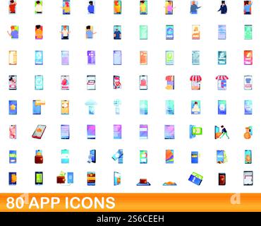 80 icônes d'application définies. Illustration de dessin animé de l'ensemble vectoriel d'icônes d'application 80 isolé sur fond blanc. 80 icônes d'application définies, style de dessin animé Illustration de Vecteur