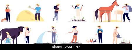 Agriculteurs. Les ouvriers agricoles plantent et récoltent des légumes, jardin d'eau et nourrissent les animaux de ferme vecteur isolé des caractères plats sur fond blanc. Agriculteurs. Les ouvriers agricoles plantent et récoltent des légumes, jardin aquatique et nourrissent les animaux de ferme vecteur de caractères plats isolés Illustration de Vecteur