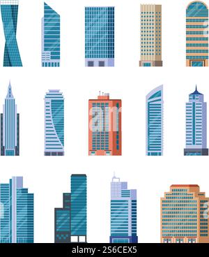 Gratte-ciel plats. Extérieur des bâtiments modernes de la ville. Maisons de bureaux résidentielles et commerciales. Façades du centre-ville. Ensemble de vecteurs isolés. Illustration bâtiment bureau, gratte-ciel résidentiel urbain. Gratte-ciel plats. Extérieur des bâtiments modernes de la ville. Maisons de bureaux résidentielles et commerciales. Façades du centre-ville. Ensemble de vecteurs isolés Illustration de Vecteur