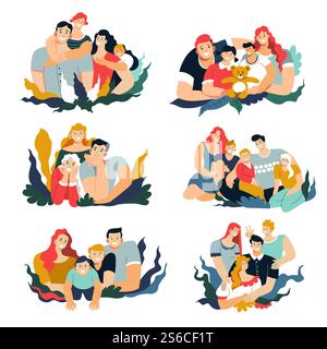 Mère et père, fils et fille, vecteur de personnages isolés de portrait de famille. Épouse et mari, enfants et parents, garçon et fille. Relation et amitié, soeur et frère, plantes abstraites. Portraits de famille, mère et père, fils et fille, groupe de personnages isolés Illustration de Vecteur