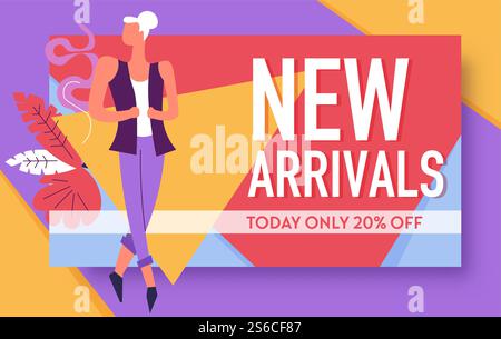 Nouveaux arrivants, vente à la bannière de magasin, vecteur de réduction ou d'offre spéciale. Fille dans des vêtements de mode, des marchandises arrivant bientôt au magasin ou boutique. Shopping et réduction des prix, client féminin ou acheteur. Bannière de vente et de nouveaux arrivants, rabais ou offre spéciale Illustration de Vecteur