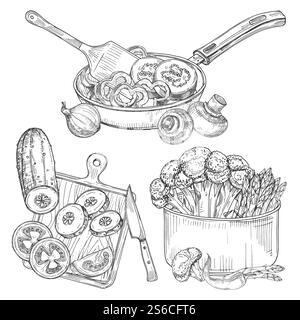 Cuisson des légumes, des plats et des légumes illustration vectorielle d'esquisse. Cuisson ingrédient végétal, délicieux culinaire, concombre et champignon. Cuisson des légumes, des plats et des légumes illustration vectorielle d'esquisse Illustration de Vecteur