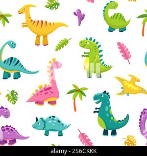 Motif sans couture de dinosaure. Dessin animé Cute Baby Dino drôle monstres jurassic animaux sauvages dragon dinosaures vecteur kids textile multiplié Illustration du motif de tissu dragon et Dino, reptile animal. Motif sans couture de dinosaure. Dessin animé Cute Baby Dino drôles monstres jurassique animaux sauvages dragon dinosaures vecteur enfants art textile Illustration de Vecteur