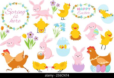 Lapin de Pâques, poussins et fleurs de printemps. Lapins drôles, bébés poulets et œufs. Ensemble de vecteur de printemps de pâques de dessin animé de lapin et de poussin heureux, illustration de pâques de vacances. Lapin de Pâques, poussins et fleurs de printemps. Lapins drôles, bébés poulets et œufs. Jeu de vecteur de printemps de pâques de dessin animé Illustration de Vecteur