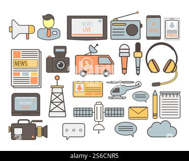 Diffusion d'informations télévisées et journalisme de masse vecteur d'icônes isolé. Mégaphone et journaliste, écran de télévision et radio, appareils mobiles et journal. Caméra et van avec satellite, microphones. Matériel de tournage et de diffusion d'informations. médias de masse et journalisme Illustration de Vecteur