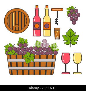 Vinification et cave, bouteilles et verres, tonneau et liège, vecteur d'icônes isolé. Grappes de raisin, production de boissons alcoolisées, tire-bouchon et feuille de vigne. Culture de plantation, récolte dans un panier en osier. Raisins et vin, vinification et cave, baril et bouteille isolés icônes Illustration de Vecteur