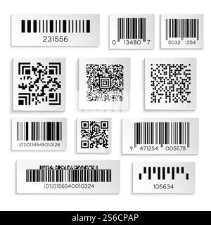 Autocollant de produits avec chiffre ou numéro de série ou code à barres vecteur d'icônes isolé. Code de balayage de supermarché, codes barres et qr, élément d'étiquette de prix. Étiquettes noires et masquage d'informations ou de données industrielles. Icônes isolées de code à barres ou de numéro de série, codage qr Illustration de Vecteur