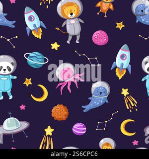 Motif d'animaux spatiaux. Mignon bébé animal astronautes volants enfants animaux cosmonautes drôle Spaceman Boy Seamless Cosmos vector wallpaper. Illustration de vaisseau spatial astronaute, poulpe et panda en combinaison spatiale. Motif d'animaux spatiaux. Mignon bébé animal astronautes volants enfants animaux cosmonautes drôle Spaceman Boy Seamless Cosmos vector wallpaper Illustration de Vecteur