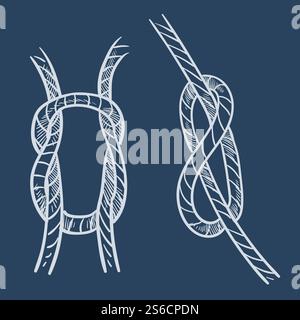 Équipement marin, nœud de corde, vecteur d'esquisse d'élément de sécurité de navire. Corde et attelage, symboles nautiques, protection à bord, attachage des parties du navire, boucles. Cordage marine ou câble et nœud, voile et voyage. Nœuds nautiques, boucle marine et croquis de corde marine Illustration de Vecteur