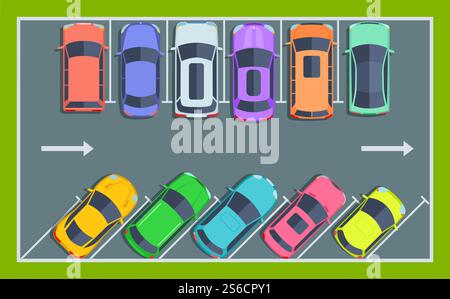 Vue de dessus du parking. Espaces de stationnement publics de la ville pour les voitures, concept vectoriel de zone de voitures garées. Voiture de stationnement, illustration de la zone de stationnement publique de la ville. Vue de dessus du parking. Espaces de stationnement publics de la ville pour les voitures, concept vectoriel de zone de voitures garées Illustration de Vecteur
