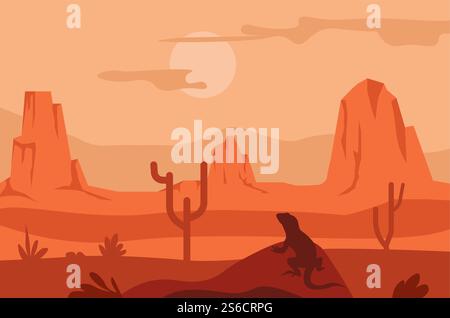Vecteur de paysage du Texas désert, prairie mexicaine, silhouette d'animal de cactus et de lézard. Montagnes et sable, sol sec, chaleur au lever ou au coucher du soleil. Vallée nature, paysage ou vue, voyage et voyage. Lever de soleil dans le désert, silhouette de cactus et de lézard, paysage texan Illustration de Vecteur