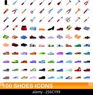 ensemble de 100 icônes de chaussures. Illustration de dessin animé de 100 icônes de chaussures ensemble vecteur isolé sur fond blanc. 100 icônes de chaussures définies, style de bande dessinée Illustration de Vecteur